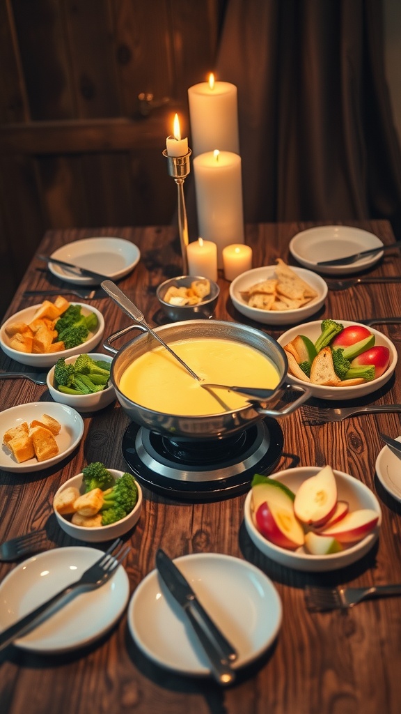 A bubbling pot of cheese fondue surrounded by dippers like bread, vegetables, and fruits on a rustic table.